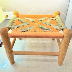 Vtg Hand Woven Yarn Macrame Seat Footstool Ottoman Plant Stand Boho MCM Stool